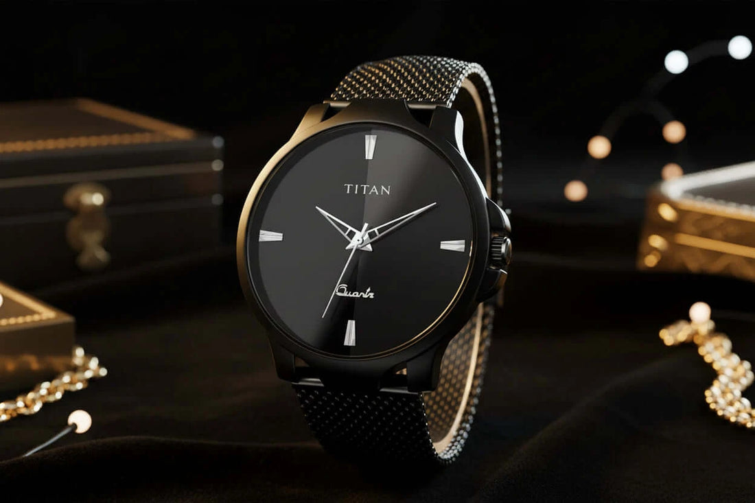 Titan Men’s Black Analog Quartz Watch | Premium Stylish Wrist Watch for Men displayed on a black surface with elegant accessories.