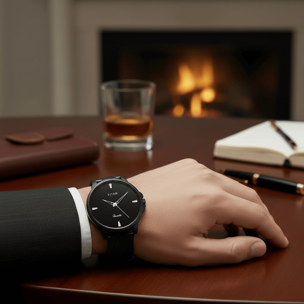 Titan Men’s Black Analog Quartz Watch | Premium Stylish Wrist Watch for Men displayed on a black surface with elegant accessories.